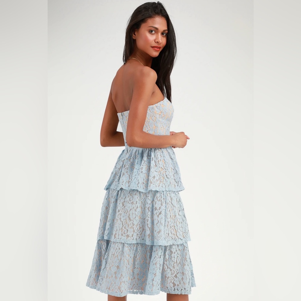 Lulu's Light Blue Lace Tiered Strapless Midi Dress